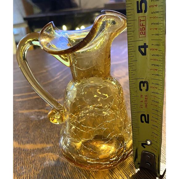 Vintage Amber Crackle Glass Ruffle Top Handled Pitcher Vase Hand-blown MCM - Picture 5 of 6